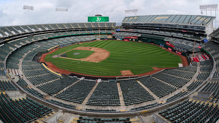 Aug 24, 2024; Oakland, California, USA; A general view of Oakland-Alameda County Coliseum as seen from fan seating section 307 before a major league baseball game between the Oakland Athletics and the Milwaukee Brewers. Mandatory Credit: Robert Edwards-Imagn Images