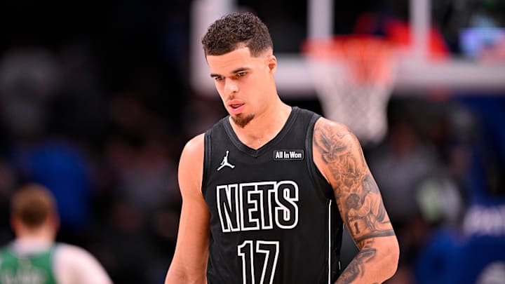 Jan 12, 2026; Dallas, Texas, USA; Brooklyn Nets forward Michael Porter Jr. (17) walks back up the court at the end of the game against the Dallas Mavericks at the American Airlines Center. 