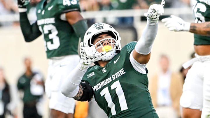 Michigan State's Anelu Lafaele celebrates after forcing a fumble against Western Michigan during the first quarter on Friday, Aug. 29, 2025, in East Lansing.