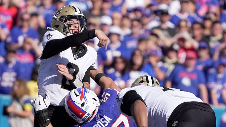 Buffalo Bills defensive end Joey Bosa pressures New Orleans Saints quarterback Spencer Rattler into throwing a pass out of bounds during second half action of the Bills home game against the New Orleans Saints in Orchard Park on Sept. 28, 2025.