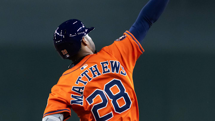 Jul 22, 2025; Phoenix, Arizona, USA; Houston Astros shortstop Brice Matthews celebrates as he rounds the bases after hitting a home run against the Arizona Diamondbacks at Chase Field. Jul 22, 2025; Phoenix, Arizona, USA; Houston Astros shortstop Brice Matthews celebrates as he rounds the bases after hitting a home run against the Arizona Diamondbacks at Chase Field.