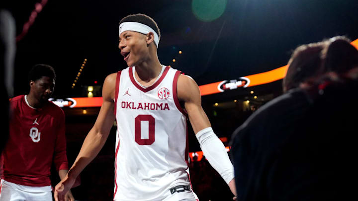 Oklahoma Sooners guard Jeremiah Fears (0) is introduced before a game between the Oklahoma Sooners and the Oklahoma State University Cowboys at Paycom Center in Oklahoma City, Saturday, Dec. 14, 2024. Oklahoma won 80-65.