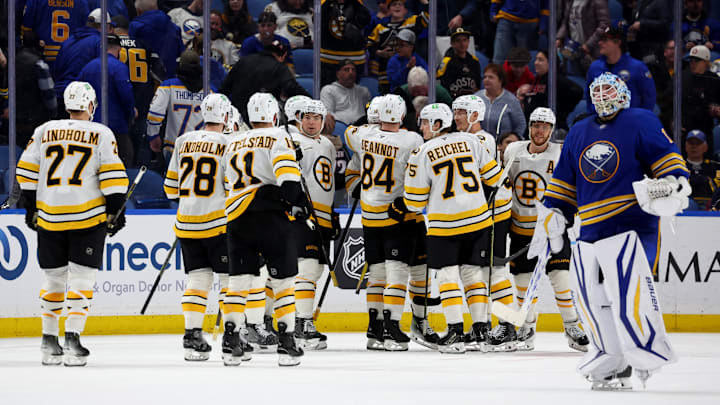 Mar 25, 2026; Buffalo, New York, USA; The Boston Bruins celebrate a win over the Buffalo Sabres at KeyBank Center. Mandatory Credit: Timothy T. Ludwig-Imagn Images Mar 25, 2026; Buffalo, New York, USA; The Boston Bruins celebrate a win over the Buffalo Sabres at KeyBank Center. Mandatory Credit: Timothy T. Ludwig-Imagn Images