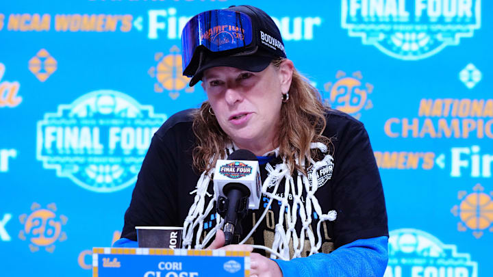 Apr 5, 2026; Phoenix, AZ, USA; UCLA Bruins head coach Cori Close speaks in a press conference after defeating the South Carolina Gamecocks during the National Championship game of the women's 2026 NCAA Tournament at Mortgage Matchup Center. Mandatory Credit: Kirby Lee-Imagn Images Apr 5, 2026; Phoenix, AZ, USA; UCLA Bruins head coach Cori Close speaks in a press conference after defeating the South Carolina Gamecocks during the National Championship game of the women's 2026 NCAA Tournament at Mortgage Matchup Center. Mandatory Credit: Kirby Lee-Imagn Images