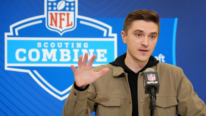 Feb 25, 2025; Indianapolis, IN, USA; Jacksonville Jaguars general manger James Gladstone speaks during the NFL Scouting Combine at the Indiana Convention Center. Mandatory Credit: Kirby Lee-Imagn Images Feb 25, 2025; Indianapolis, IN, USA; Jacksonville Jaguars general manger James Gladstone speaks during the NFL Scouting Combine at the Indiana Convention Center. Mandatory Credit: Kirby Lee-Imagn Images
