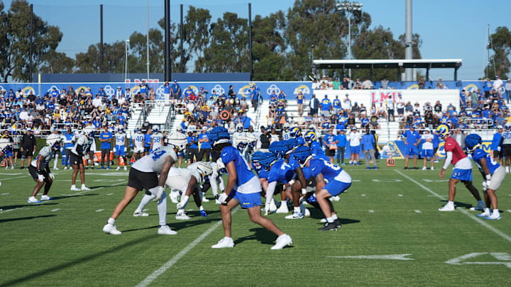 Jul 23, 2025; Los Angeles, CA, USA; A general overall view of Los Angeles Rams training camp at Loyola Marymount University. Mandatory Credit: Kirby Lee-Imagn Images Jul 23, 2025; Los Angeles, CA, USA; A general overall view of Los Angeles Rams training camp at Loyola Marymount University. Mandatory Credit: Kirby Lee-Imagn Images