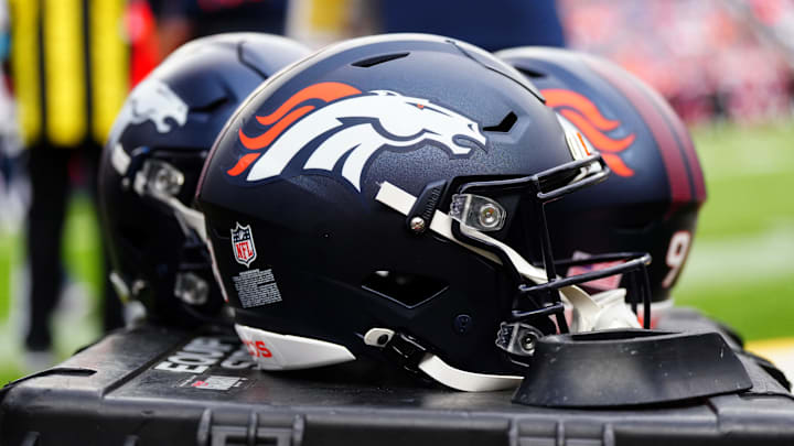 Aug 25, 2024; Denver, Colorado, USA; Detail view of the helmets worn by the Denver Broncos during the second half against the Arizona Cardinals t Empower Field at Mile High. Mandatory Credit: Ron Chenoy-Imagn Images Aug 25, 2024; Denver, Colorado, USA; Detail view of the helmets worn by the Denver Broncos during the second half against the Arizona Cardinals t Empower Field at Mile High. Mandatory Credit: Ron Chenoy-Imagn Images