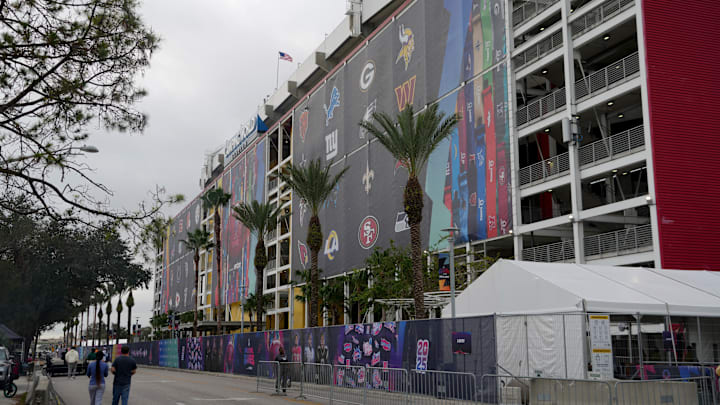 Feb 2, 2025; Orlando, FL, USA; A general view of Camping World Stadium facade. Mandatory Credit: Kirby Lee-Imagn Images