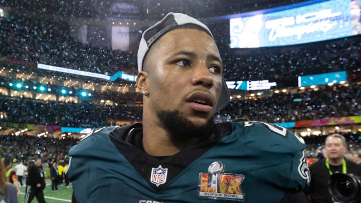 Feb 9, 2025; New Orleans, LA, USA; Philadelphia Eagles running back Saquon Barkley (26) after defeating the Kansas City Chiefs during Super Bowl LIX at Ceasars Superdome. Mandatory Credit: Mark J. Rebilas-Imagn Images