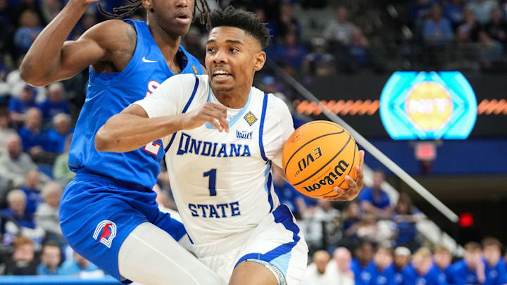 Indiana State Sycamores rushes up the court Wednesday, March 20, 2024, during the first round of the