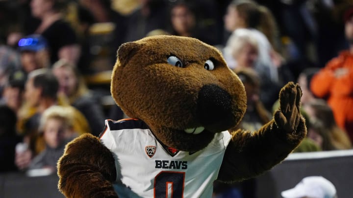 Nov 6, 2021; Boulder, Colorado, USA;  Oregon State Beavers mascot Benny Beaver during the game against the Colorado Buffaloes at Folsom Field. Mandatory Credit: Ron Chenoy-USA TODAY Sports