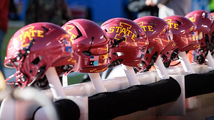 Nov 9, 2024; Kansas City, Missouri, USA; Iowa State Cyclones helmets on the bench during the first quarter against the Kansas Jayhawks at GEHA Field at Arrowhead Stadium. Nov 9, 2024; Kansas City, Missouri, USA; Iowa State Cyclones helmets on the bench during the first quarter against the Kansas Jayhawks at GEHA Field at Arrowhead Stadium.