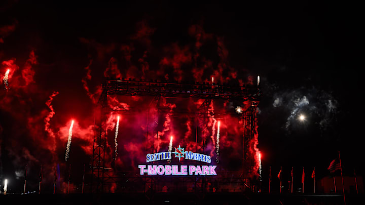 Aug 11, 2023; Seattle, Washington, USA; T-Mobile park firework show after the game between the Seattle Mariners and the Baltimore Orioles at T-Mobile Park. Mandatory Credit: Steven Bisig-Imagn Images