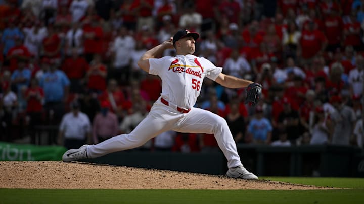 Sep 22, 2024; St. Louis, Missouri, USA; St. Louis Cardinals relief pitcher Ryan Helsley (56) pitches against the Cleveland Guardians during the ninth inning at Busch Stadium. Mandatory Credit: Jeff Curry-Imagn Images
