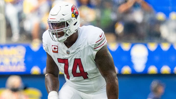 October 15, 2023; Inglewood, California, USA; Arizona Cardinals offensive tackle D.J. Humphries (74) during the first quarter against the Los Angeles Rams at SoFi Stadium. Mandatory Credit: Kyle Terada-Imagn Images October 15, 2023; Inglewood, California, USA; Arizona Cardinals offensive tackle D.J. Humphries (74) during the first quarter against the Los Angeles Rams at SoFi Stadium. Mandatory Credit: Kyle Terada-Imagn Images