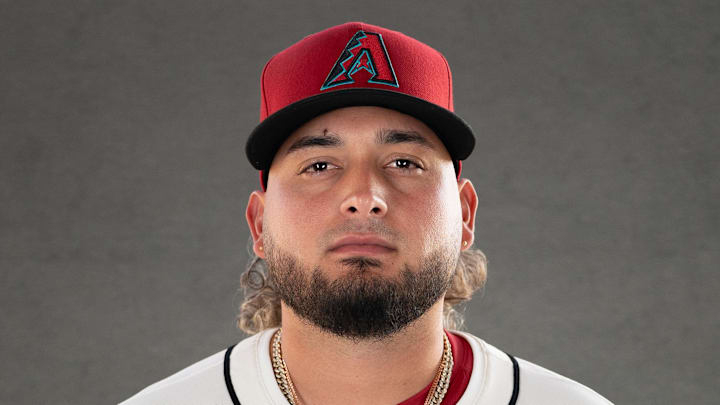 Feb 19, 2025; Scottsdale, AZ, USA; Arizona Diamondbacks pitcher Juan Morillo (67) poses for a portrait for MLB Media Day at Salt River Fields.  Mandatory Credit: Allan Henry-Imagn Images