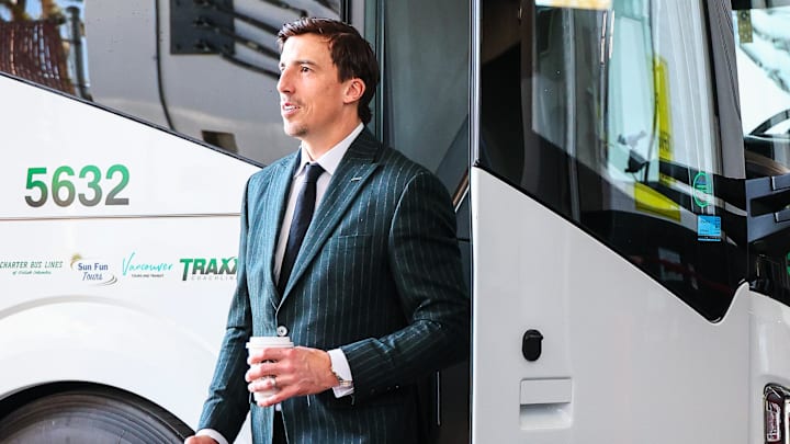 Apr 11, 2025; Calgary, Alberta, CAN; Minnesota Wild goaltender Marc-Andre Fleury (29) arrives at the arena prior to the game against the Calgary Flames at Scotiabank Saddledome. Mandatory Credit: Sergei Belski-Imagn Images