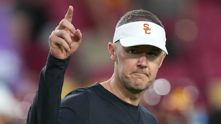 Sep 9, 2023; Los Angeles, California, USA; Southern California Trojans head coach Lincoln Riley gestures during the game against the Stanford Cardinal at United Airlines Field at Los Angeles Memorial Coliseum. 