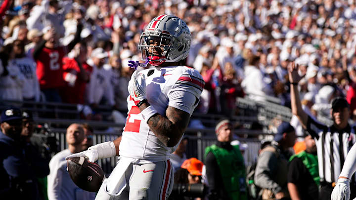 Ohio State Buckeyes wide receiver Emeka Egbuka (2) celebrates a touchdown catch during the NCAA football game against the Penn State Nittany Lions at Beaver Stadium in University Park, Pa. on Monday, Nov. 4, 2024. Ohio State won 20-13.