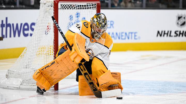 Apr 4, 2026; San Jose, California, USA; Nashville Predators goaltender Juuse Saros (74) makes a save against the San Jose Sharks in the second period at SAP Center at San Jose. Mandatory Credit: Eakin Howard-Imagn Images Apr 4, 2026; San Jose, California, USA; Nashville Predators goaltender Juuse Saros (74) makes a save against the San Jose Sharks in the second period at SAP Center at San Jose. Mandatory Credit: Eakin Howard-Imagn Images