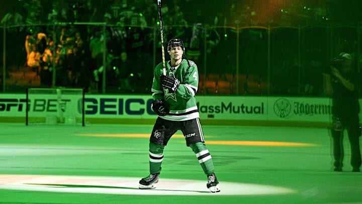 May 9, 2024; Dallas, Texas, USA; Dallas Stars defenseman Miro Heiskanen (4) is named the number one
