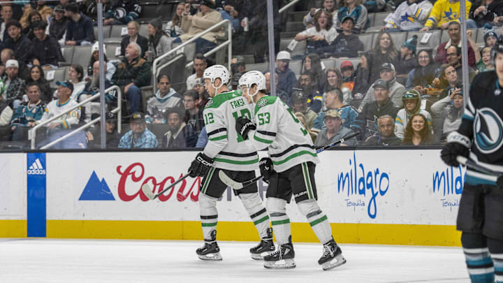 Mar 26, 2024; San Jose, California, USA; Dallas Stars center Wyatt Johnston (53) and Dallas Stars