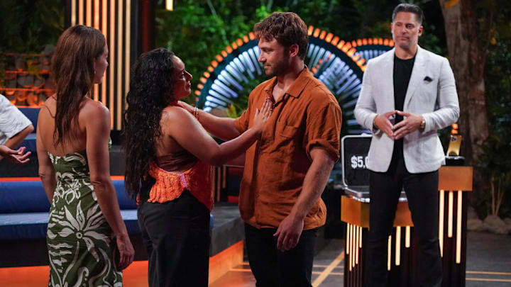 DEAL OR NO DEAL ISLAND -- "Throw and Tell" Episode 204 -- Pictured: (l-r) Seychelle Cordero, Storm Wilson, Joe Manganiello -- (Photo by: Monty Brinton/NBC)