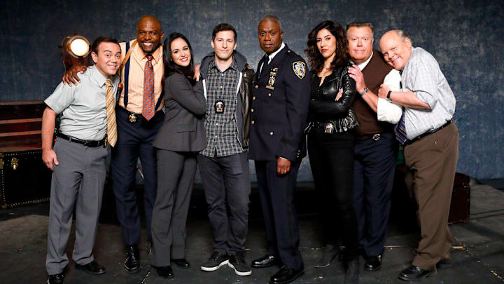 BROOKLYN NINE-NINE -- Promo -- Pictured: (l-r) Joe Lo Truglio as Charles Boyle, Terry Crews as Terry Jeffords, Melissa Fumero as Amy Santiago, Andy Samberg as Jake Peralta, Andre Braugher as Ray Holt, Stephanie Beatriz as Rosa Diaz, Joel McKinnon Miller as Scully, Dirk Blocker as Hitchcock -- (Photo by: Trae Patton/NBC)