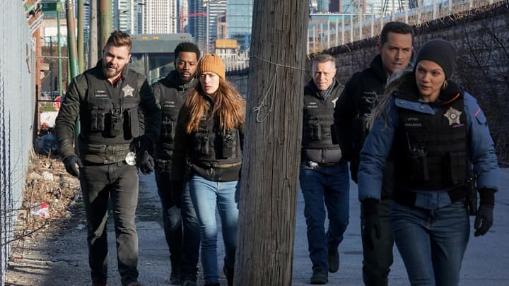 CHICAGO P.D. -- "Lies" Episode 911 -- Pictured: (l-r) Patrick John Flueger as Adam Ruzek, LaRoyce Hawkins as Kevin Atwater, Marina Squerciati as Kim Burgess, Jason Beghe as Hank Voight, Jesse Lee Soffer as Jay Halstead, Tracy Spiridakos as Hailey -- (Photo by: Lori Allen/NBC)