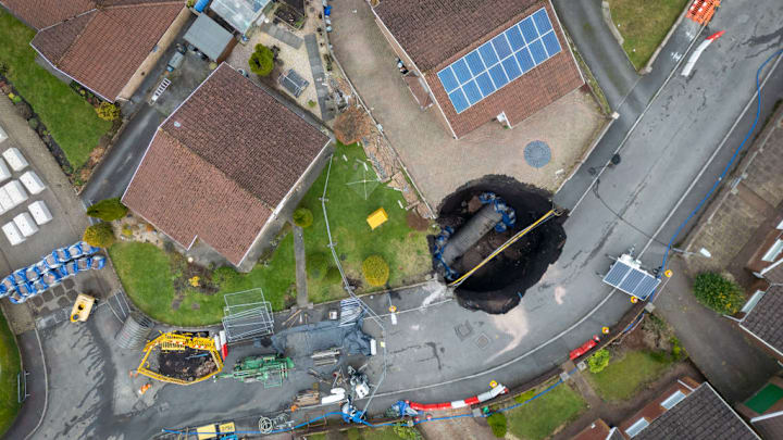 An aerial view of a sinkhole in Wales that appeared in December 2024.