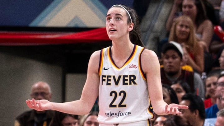 Indiana Fever guard Caitlin Clark (22) reacts after a foul Wednesday, June 19, 2024, during the game at Gainbridge Fieldhouse in Indianapolis. The Indiana Fever defeated the Washington Mystics, 88 - 81.
