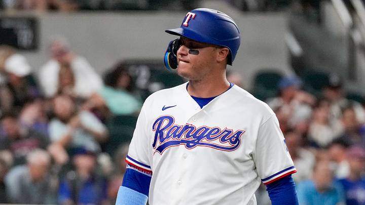 Aug 19, 2026; Arlington, Texas, USA;  Texas Rangers designated hitter Joc Pederson (3) walks back to the dugout after striking out against the Washington Nationals during the third inning at Globe Life Field. Mandatory Credit: Raymond Carlin III-Imagn Images