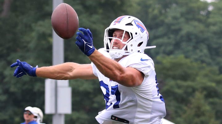 Bills tight end Matt Sokol just misses a finger-tip catch in the end zone during day seven of Buffalo Bills training camp at St. John Fisher University Thursday, July 31, 2025 in Pittsford, NY.