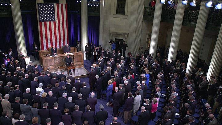 Members of the United States Congress stand during the invocation during a special joint meeting of congress at Federal Hall in lower Manhattan on September 6, 2002. The special session was in commemoration of the September 11th attack on the World Trade Center. Congress convened in NYC for the first time since 1790. Members of the United States Congress stand during the invocation during a special joint meeting of congress at Federal Hall in lower Manhattan on September 6, 2002. The special session was in commemoration of the September 11th attack on the World Trade Center. Congress convened in NYC for the first time since 1790.