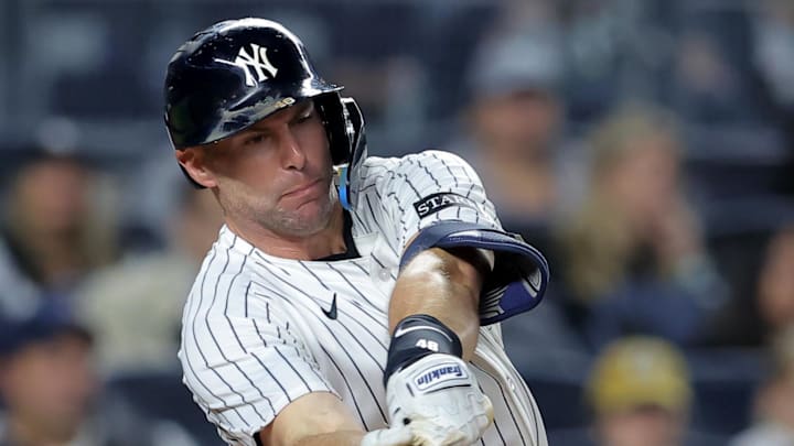 Sep 24, 2025; Bronx, New York, USA; New York Yankees first baseman Paul Goldschmidt (48) hits an RBI single during the third inning against the Chicago White Sox at Yankee Stadium. Mandatory Credit: Brad Penner-Imagn Images