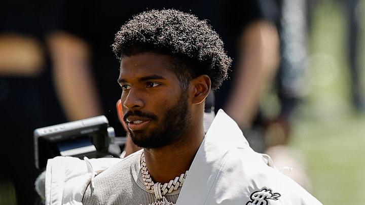 Apr 19, 2025; Boulder, CO, USA; Colorado Buffaloes former player Shedeur Sanders before the spring game at Folsom Field. 