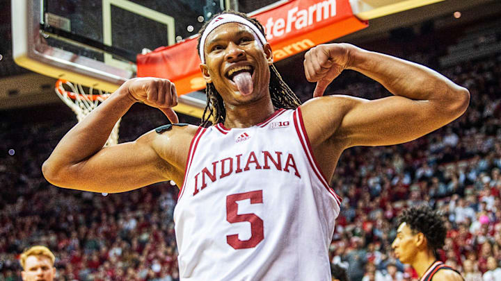 Indiana's Malik Reneau (5) celebrates after a basket and a foul during the Indiana versus Sam Houston men's basketball game at Simon Skjodt Assembly Hall on Tuesday, Dec. 3, 2024. Indiana's Malik Reneau (5) celebrates after a basket and a foul during the Indiana versus Sam Houston men's basketball game at Simon Skjodt Assembly Hall on Tuesday, Dec. 3, 2024.