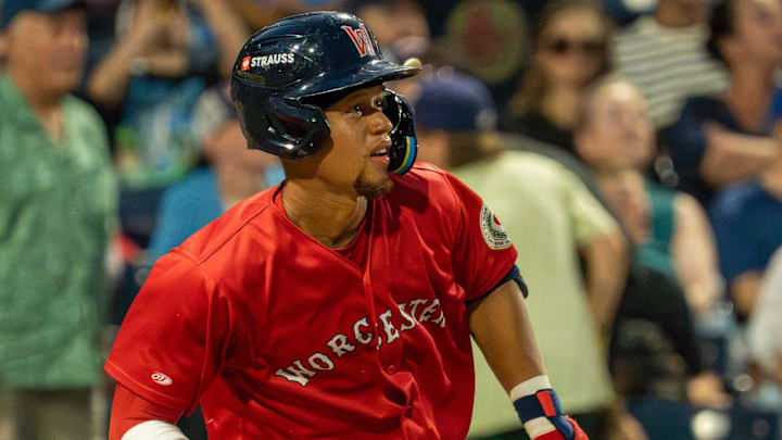 Worcester’s Kristian Campbell watches his two-run home run in the fifth inning against Lehigh Valley July 29 at Polar Park.