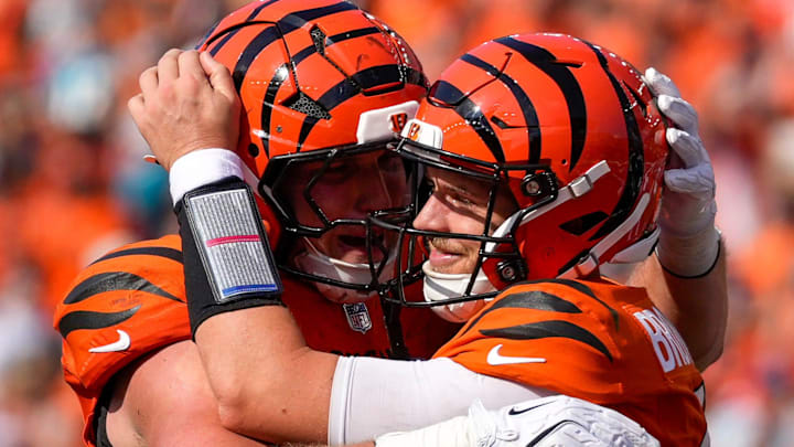 The Bengals celebrate a quarterback Jake Browning (6) go-ahead touchdown in the fourth quarter of the NFL Week 2 game between the Cincinnati Bengals and the Jacksonville Jaguars at Paycor Stadium in downtown Cincinnati on Sunday, Sept. 14, 2025. The Bengals came back from a halftime deficit to win 31-27. The Bengals celebrate a quarterback Jake Browning (6) go-ahead touchdown in the fourth quarter of the NFL Week 2 game between the Cincinnati Bengals and the Jacksonville Jaguars at Paycor Stadium in downtown Cincinnati on Sunday, Sept. 14, 2025. The Bengals came back from a halftime deficit to win 31-27.