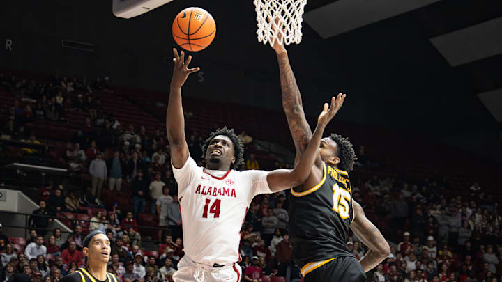 Alabama center Charles Bediako makes a lay up in the second half of the game against Missouri on Jan. 27, 2026.