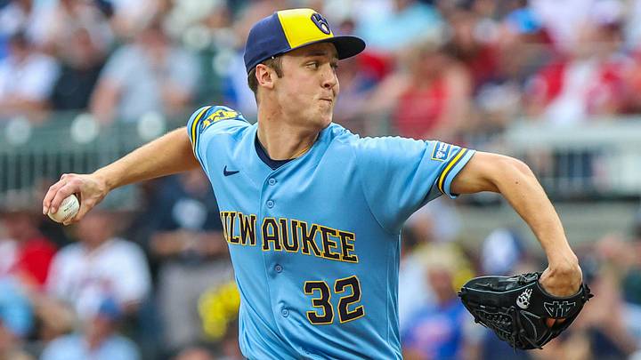 Jun 19, 2026; Cumberland, Georgia, USA; Milwaukee Brewers pitcher Jacob Misiorowski (32) pitches against the Atlanta Braves during the first inning at Truist Park. Mandatory Credit: Jordan Godfree-Imagn Images