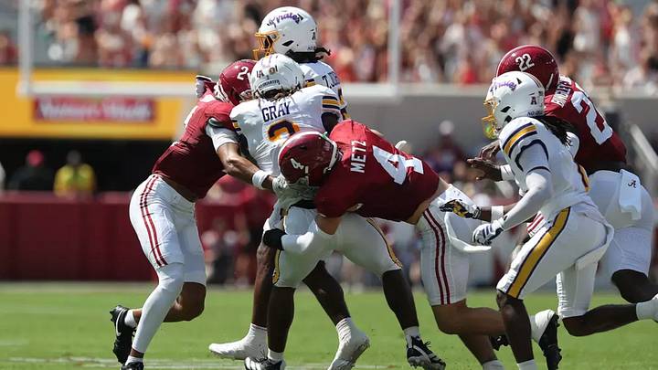 Alabama Defensive Back Zabien Brown (2) and Alabama Linebacker Luke Metz (4) in action against Eastern Carolina University at Bryant-Denny Stadium in Tuscaloosa, AL on Saturday, Sep 5, 2026. Alabama Defensive Back Zabien Brown (2) and Alabama Linebacker Luke Metz (4) in action against Eastern Carolina University at Bryant-Denny Stadium in Tuscaloosa, AL on Saturday, Sep 5, 2026.
