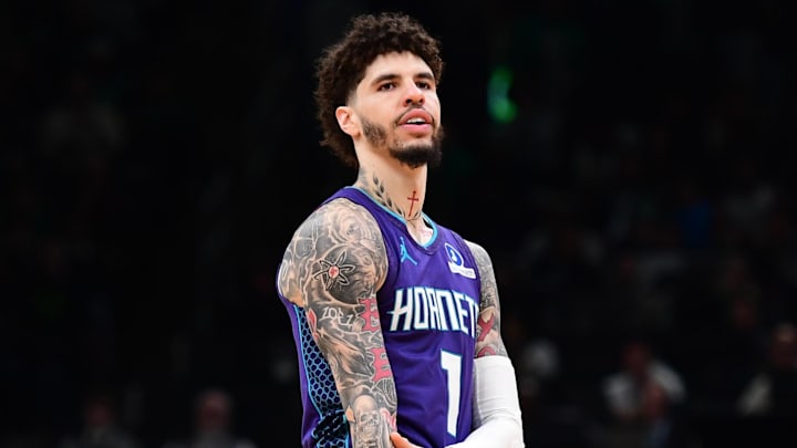 Mar 4, 2026; Boston, Massachusetts, USA;  Charlotte Hornets guard LaMelo Ball (1) reacts after making a three point basket during the second half against the Boston Celtics at TD Garden. Mandatory Credit: Bob DeChiara-Imagn Images