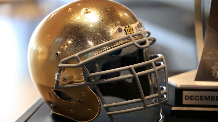 A Notre Dame Fighting Irish football helmet is shown during a media press conference Thursday, Dec.