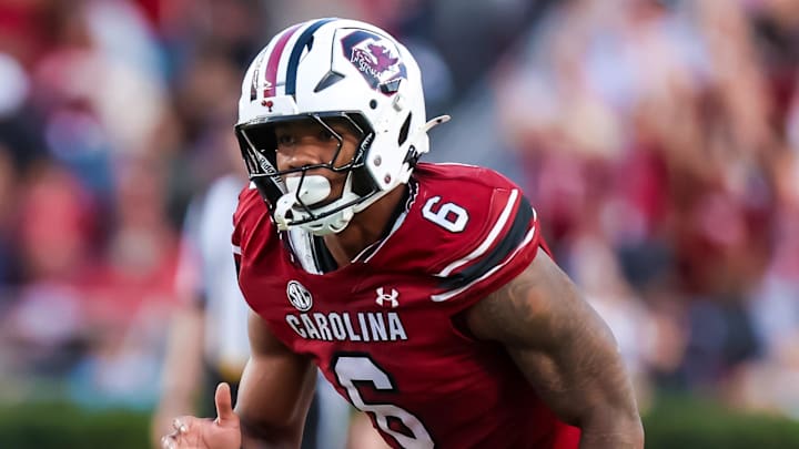 Oct 25, 2025; Columbia, South Carolina, USA; South Carolina Gamecocks defensive end Dylan Stewart (6) rushes against the Alabama Crimson Tide in the second half at Williams-Brice Stadium. Mandatory Credit: Jeff Blake-Imagn Images