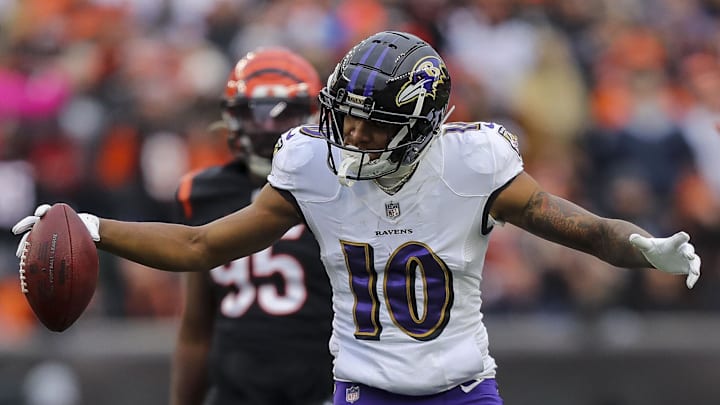 Jan 8, 2023; Cincinnati, Ohio, USA; Baltimore Ravens wide receiver Demarcus Robinson (10) reacts after advancing the ball in the second half against the Cincinnati Bengals at Paycor Stadium. Mandatory Credit: Katie Stratman-Imagn Images