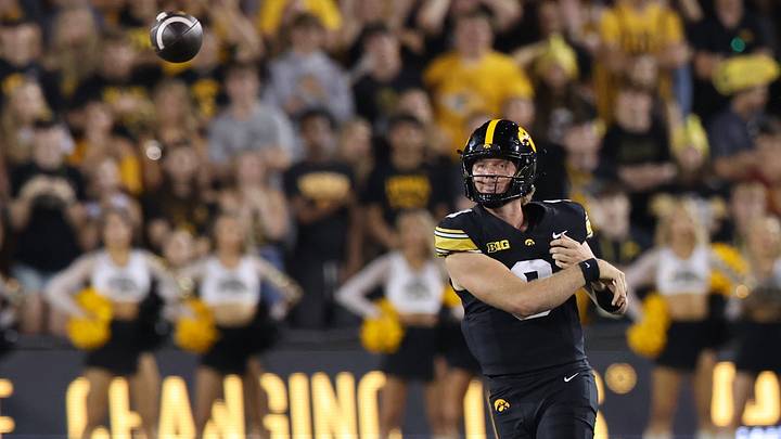 Sep 12, 2026; Iowa City, Iowa, USA;  Iowa Hawkeyes quarterback Hank Brown (9) passes the ball against the Iowa State Cyclones during the fourth quarter at Kinnick Stadium.  Mandatory Credit: Reese Strickland-Imagn Images
