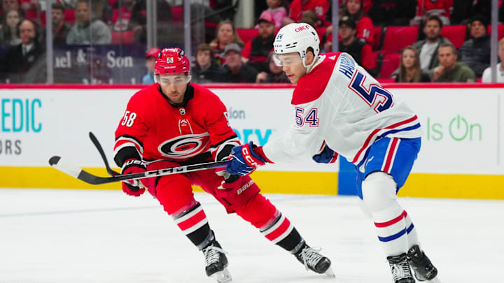 Dec 28, 2023; Raleigh, North Carolina, USA; Montreal Canadiens defenseman Jordan Harris