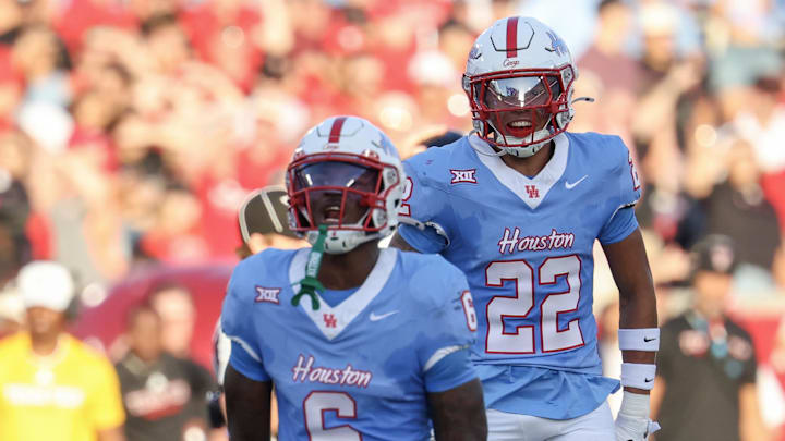 Oct 4, 2025; Houston, Texas, USA; Houston Cougars defensive back Jordan Allen (6) celebrates a defensive play against the Texas Tech Raiders in the first half at TDECU Stadium. Mandatory Credit: Thomas Shea-Imagn Images