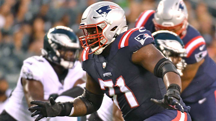 Aug 19, 2021; Philadelphia, Pennsylvania, USA;  New England Patriots offensive guard Mike Onwenu